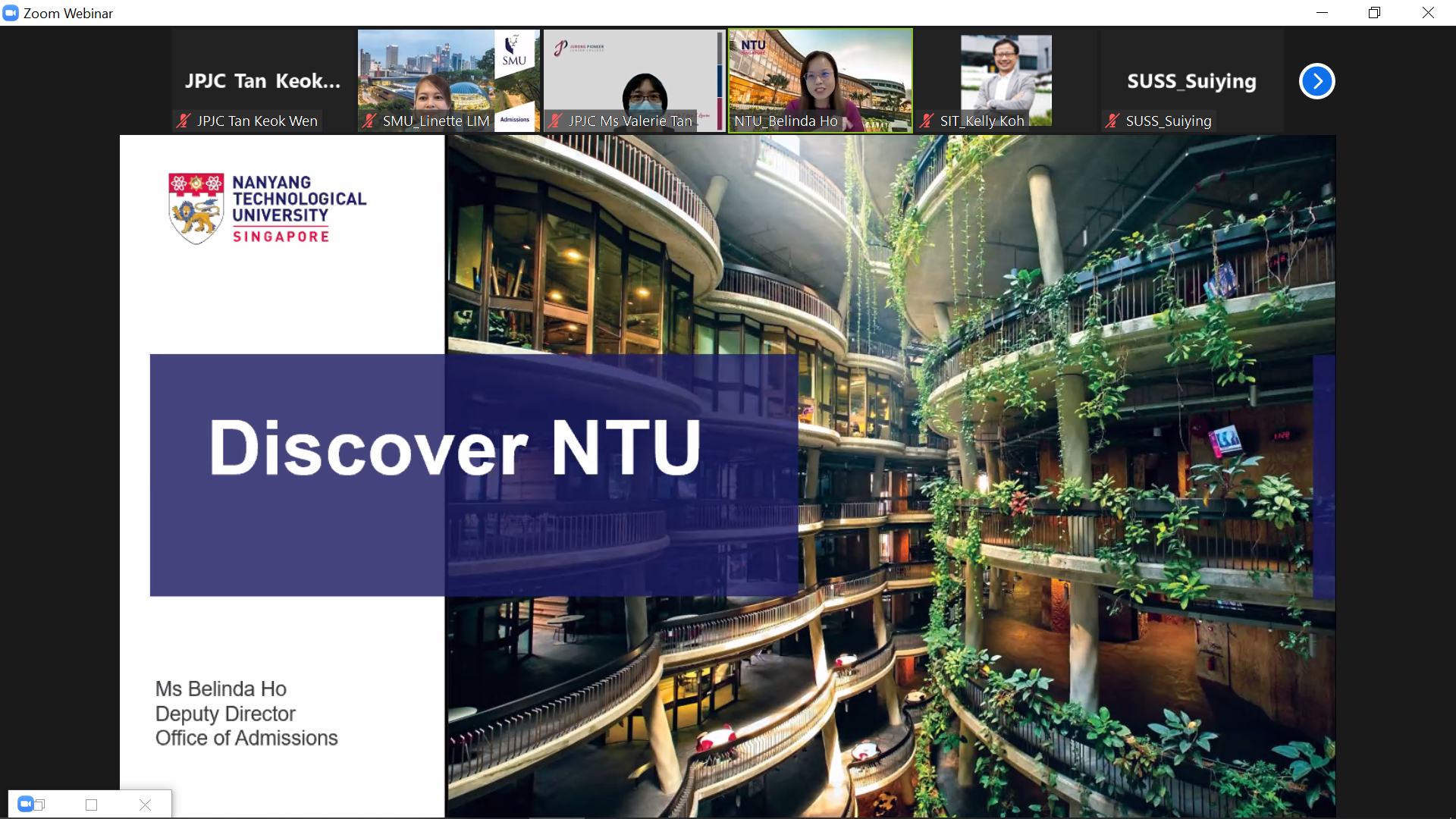 Zoom webinar showing a Discover NTU slide with participant thumbnails at the top and an NTU building interior.